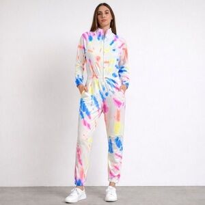 Lezat Multicolor Tie Dye Zip Front Fleece Jumpsuit Large Cozy Athleisure NWT